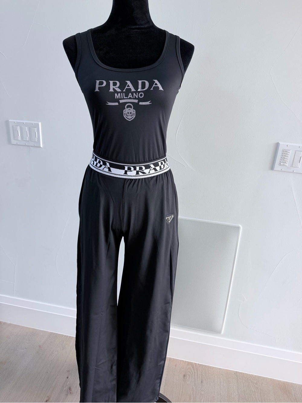 Prada Black Logo Tank Top with Wide Leg Pants Set with pockets Lounge Set size M - Picture 3 of 8